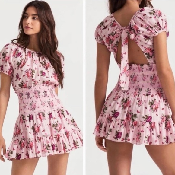 LoveShackFancy Dresses & Skirts - 🌸LoveShackFancy Spritz Floral Smocked Tie Back Mini Dress Rosemary Mauve L NWT